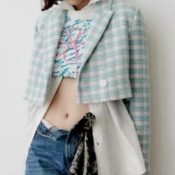 ZARA Textured Cropped Blazer Bloggers Fave Aqua Lavender Size S - Picture 3 of 5